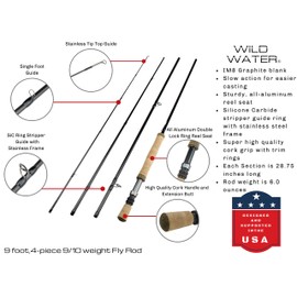 Wild Water Fly Fishing 9 Foot, 4-Piece, 9/10 Weight Fly Rod Complete Fly Fishing Rod and Reel Combo Starter Package with Freshwater Flies