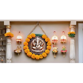 Auspicious Shubh Labh Lotus Laxmi Ganesh Door Wall Hanging Wall Toran Indian Traditional Festival Navratri Decoration Handcrafted Toran Showpiece Home Temple Decor(Size:-10"X3")(White,Red)