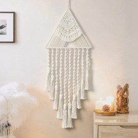 ASTNIC Macrame Wall Hanging Handwoven Dream Catcher Triangle Tassel Tapestries Boho Backdrop Decor Geometric Art Handmade Tapestry for Apartment Party Bedroom Living Room Door Decoration (Beige)