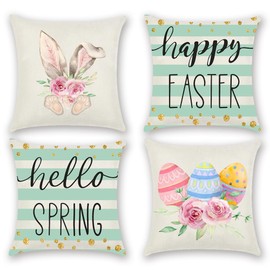 Happy Easter Rabbit Pillow Covers 18x18, Easter Egg Throw Pillows Case Hello Spring Pillow Case Festival Throw Cushion Cover Decorative Green Spring Cushion Covers,4 Pack
