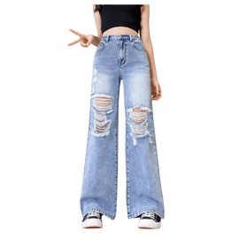 Floerns Girl's Elastic High Waist Ripped Baggy Jeans Wide Leg Distressed Denim Pants Light Wash 10Y