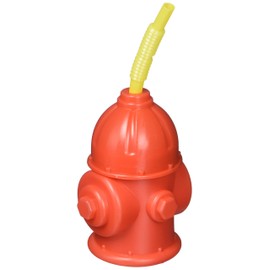 Fun Express Pack of 8 Straw Fire Hydrant Cups with Lids, Reusable 9 oz, BPA Free Plastic, Fire Truck Party Supplies Cups and Firefighter Birthday Party Favors for Kids, Red