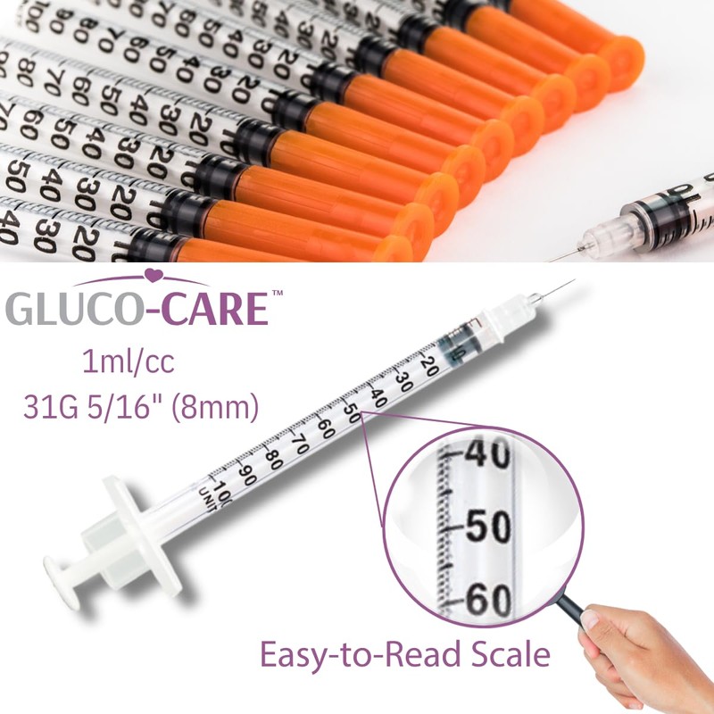GLUCO-CARE 1 ml/cc Syringes 31G x 5/16’’ (8mm), Orange Cap,