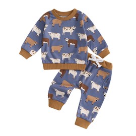DSOKUHIB Toddler Baby Boy Fall Winter Outfit Cow Print Long Sleeve Sweatshirt Casual Pants Sweatpants Set Western Clothes (Blue, 3-6 Months)