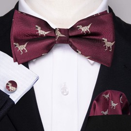 YOHOWA Burgundy Bow Tie Set Men Dinosaur Silk Pre-Tied Bowtie Pocket Square Cufflinks Formal Wedding Party Prom