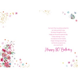 Cherry Orchard Ladies 80th Birthday Card, Beautiful Pink flowers and Butterflies, pink foil text, complete with Envelope