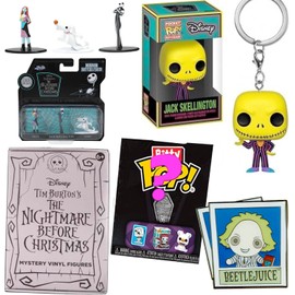 All Hail Jack Nightmare Before Christmas Figure Bundled with Bitty Pop! + Blind Box Mini + Skellington Blacklight NBX Master of Fright Hanger + Sally & Zero + Beetlejuice 5 Items
