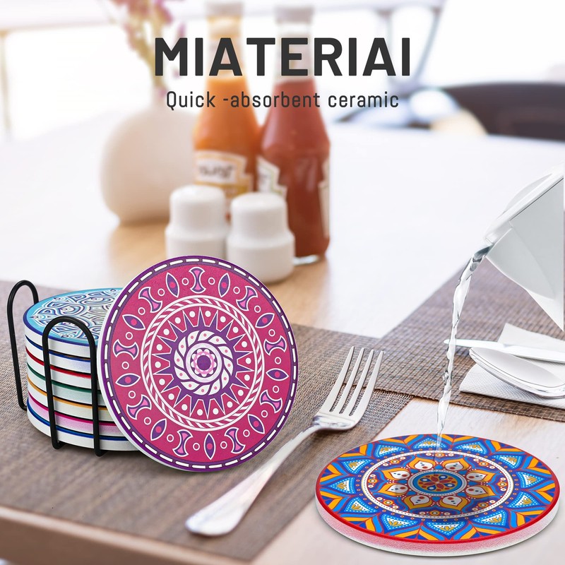 Mandala Coasters 8 Pack Ceramic Round Drink Coasters with Holder