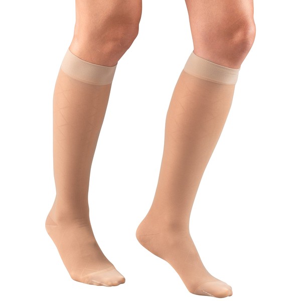 Truform Sheer Compression Stockings, 15-20 mmHg, Women's Knee High Length, Diamond Pattern, Nude, Large