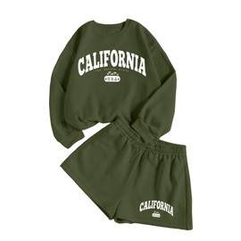 Hilinker Womens Graphic 2 Piece Outfit Long Sleeve Sweatshirt and Shorts Set Casual Sweatsuits Army Green CALIFORNIA USA Medium