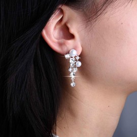 Cybche Vintage Pearl Rhinestone Earrings Silver Crystal Pearl Drop Earrings Cluster CZ Chandelier Dangle Earrings Boho Pearl Stud Earrings Wedding Pearl Earrings Jewelry for Women