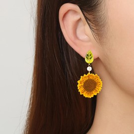 Sunflower Earrings for Women Sunflower Clip on Earrings Spring Earrings 3D Sunflower Daisy Flower Drop Dangle Earrings Bohemian Sunflower Statement Earrings Jewelry Gift