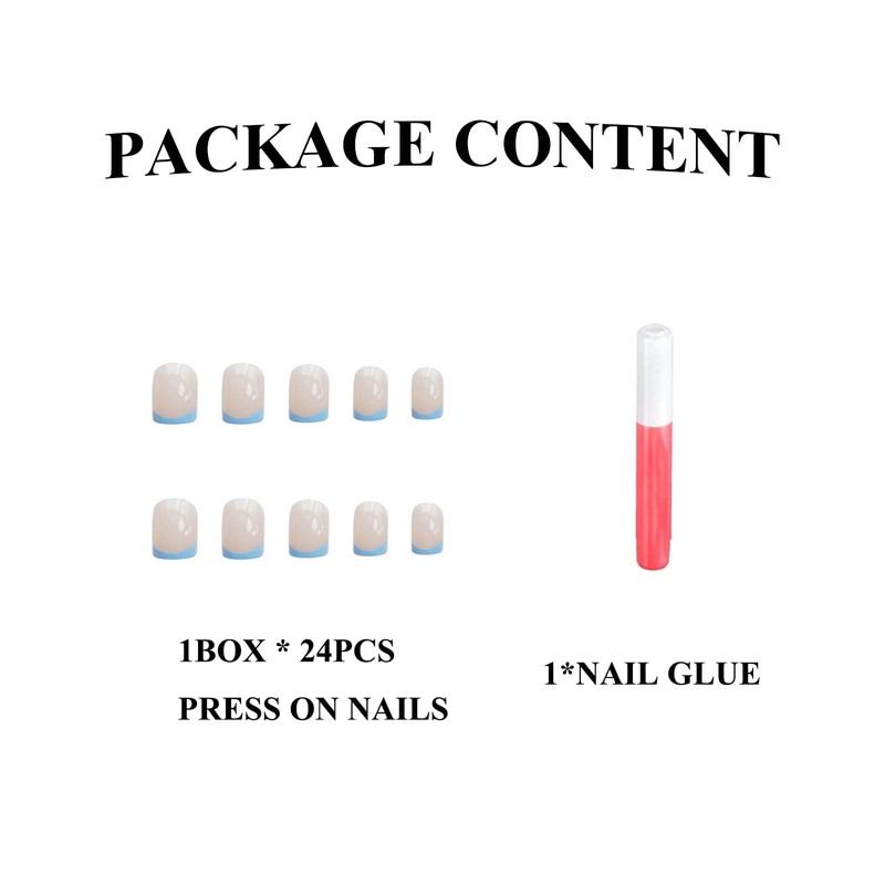MERVF Short Press on Nails Square, Blue Tip French Fake