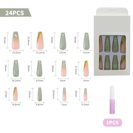 Luvadeyo 24pcs Ballerina Press On Nails Coffin Long Fake Nails Acrylic Full Cover Luxury Green False Nails for Women and Girls