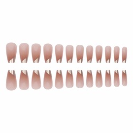 MERVF Coffin Press on Nails Long Fake Nails Press ons Gold French Tip Glue on Nails with Ombre Brown Design Ballerina Fall Acrylic False Nails Glossy 24pcs