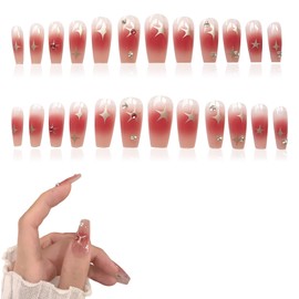 Pack of 24 Pink Diamonds Press On False Nails, French Tip Press On Fake Full Cover Glue On Nails, Bling Glossy Rhinestone False Nail Tips, Artificial Acrylic Fingernails