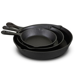 Jim Beam HEA Set of 3 Pre Seasoned Cast Iron Skillets with Even Distribution and Heat Retention-6" 8" 10", 10'', Black,JB0195
