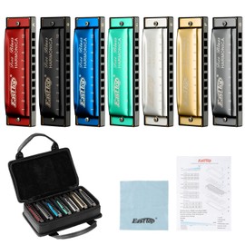 East top Harmonica Set, 7 Keys Diatonic Mouth Organ with Case, A, B, C, D, E, F, G, Professional, Bronze Reed, Polished Finish