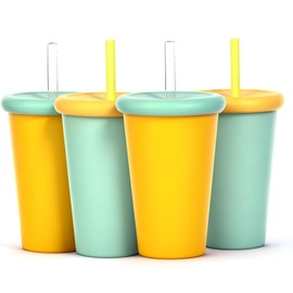 Alohastarttg Plastic Reusable Cups, 4 Pack of 20.5oz Drinking Cups with Lids and Straws, Dishwasher Safe, Perfect for Kitchen and Everyday Use (4, Green, Yellow)