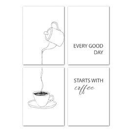 LAVEMA Kaffee Bilder Küche Minimalistische Line Art Café Poster Set A4 (21x30cm) Schwarz Weiß Küchenbilder Barista Wanddeko Esszimmer Bilderwand Büro Küchendeko Wandbilder Wandposter ohne Bilderrahmen