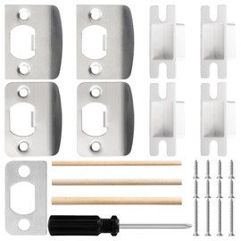 SHAOHUA Standard Door Strike Plate with Shim, Dust Box, Short & Long Screws, Dowel Strips, Full Set Silver Door Latch Plate Kit for Interior/Exterior Latch, Door Reinforcement Kit to Repair Door Frame