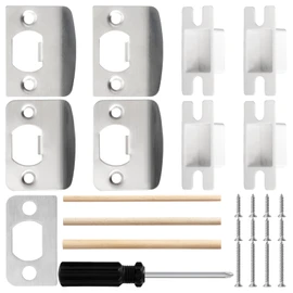 SHAOHUA Standard Door Strike Plate with Shim, Dust Box, Short & Long Screws, Dowel Strips, Full Set Silver Door Latch Plate Kit for Interior/Exterior Latch, Door Reinforcement Kit to Repair Door Frame