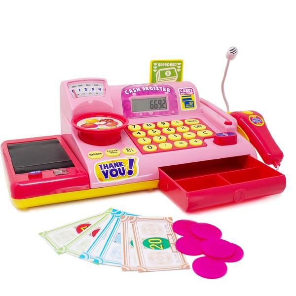 Boley Pink Pretend Cash Register Playset - 19pc Playset for Kids with Toy Scanner and Toy Credit Card Reader