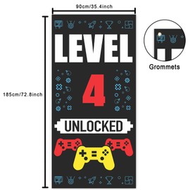 Level 4th Unlocked Happy 4th Birthday Level Up Banner Backdrop Background Photo Booth Props Video Games Gamepad Theme Decor for Boys Girls 4th Birthday Party Favors Supplies Decorations