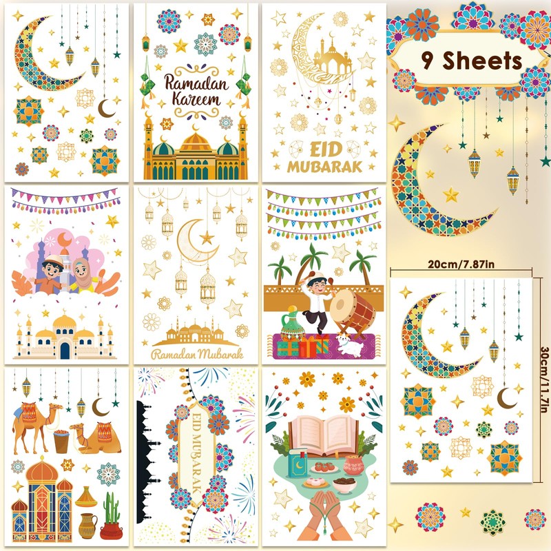 AhfuLife Ramadan Mubarak Window Stickers, 9 Sheets Reusable Eid Mubarak