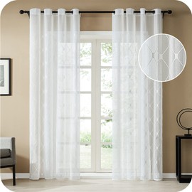 Topfinel Voile Curtains with Eyelets, Checked Curtains, Decorative Curtains with Embroidery, for the Living Room and Bedroom