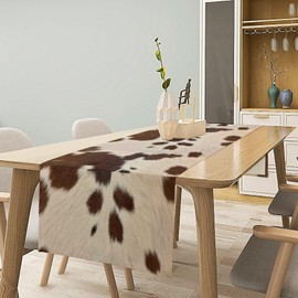 Cow Skin Print Table Runner, Cotton Linen Rustic Cottage Country Farm Animal Fur Skin Pattern Western Style Black Brown Cowhide Print Dinner Runner for Home Kitchen Dining Table Decoration 13"x36"