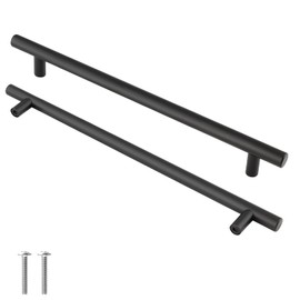 Cjueiom 6 Pack Matt Black Cupboard Handles 128mm Hole Center T Bar Handles, Stainless Steel Drawer Handles Long Wardrobe Door Handles Pulls, 200mm Length Kitchen Cabinet Handles for Bedroom Drawer