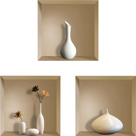 3D Vinyl Removable White Porcelain Vase Wall Decals, Flower Pots Plants Stereo Stone Magic Wall Stickers, Creative Adhesive DIY Wallpaper Mural for Living Room Bedroom Sofa Backdrop ,Set of 3