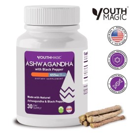 YOUTHMAGIC Organic Ashwagandha Capsules 605MG with Black Pepper Root Powder 30 Capsules
