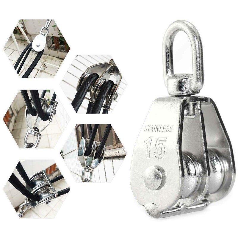 SUPERTOOL Pulley Block, M15 Stainless Steel Double Swivel Pulley Roller