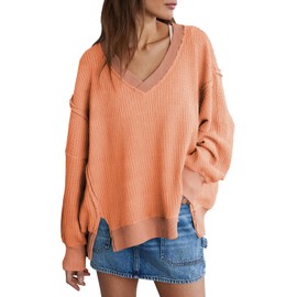 miduo Womens Winter Fashion Oversized Sweatshirt Waffle Knit Long Sleeve Lightweight Splits Pullover Sweatshirts Outerwear Orange M