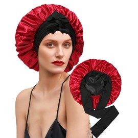 Satin Bonnet Silk Bonnet for Sleeping Silk Sleep Cap Double Layer Hair Bonnet with Elastic Tie Band for Curly Hair Night Cap (Black+Wine red)
