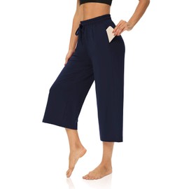 DIBAOLONG Pantalones capri para mujer, holgados, pantalones de yoga de pierna ancha, con cordón, cómodos, para descansar, pijama, capris con bolsillos, marino, XXX-Large