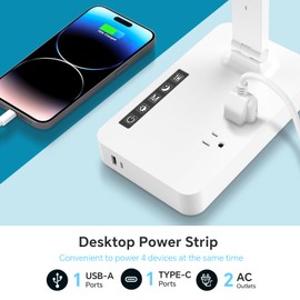 Power Strip with LED Desk Lamp, 2 Outlets 1 USB-A Ports 1 Type-C Ports, Small Desk Lamp with Surge Protection and Led Display, 5ft Extension Cord, 5 Color Modes 5 Brightness, Dorm Room Essentials