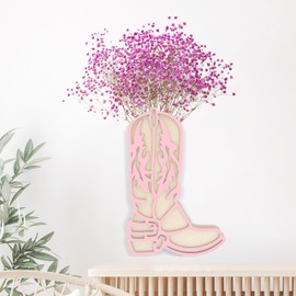 Western Cowboy Boot Vase Decor for Wall, Wooden Cowgirl Cowboy Boot Vase Decor for Flower, Farmhouse Cowboy Boot Centerpieces for Tables, Boot Planter, 10 x 6.7 inch, Pink