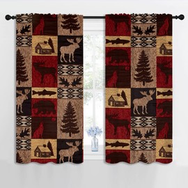 LHROOMJK Plaid Bear Rod Pocket Blackout Curtains for Boy Girl Bedroom, Abstract Animal Rustic Cabin Moose Red Black Check Thermal Insulated Home Window Drapes for Living Room Darkening, 42x45 inch