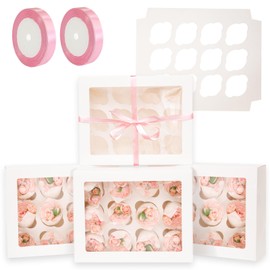 qiqee Auto-pop Up Cupcake Boxes with Window White 40PCS 12 Count Cupcake Box 13"x10"x3.5" Cupcakes Carrier, 12 Cupcake Containers with 2 rolls of pink ribbons