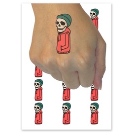 Skeleton Skull in Hoodie and Beanie Temporary Tattoo Water Resistant Fake Body Art Set Collection - 54 1" Tattoos (1 Sheet)