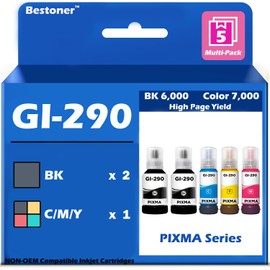 5PK Compatible Ink Refill Bottle Replacement for Canon GI290 GI-290 GI 290 Ink - Canon PIXMA G1200 G2200 G3000 G3200 G4200 Wireless G4210