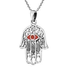 AeraVida Hamsa Hand with Evil Eye Reconstructed Red Coral Inlaid .925 Sterling Silver Pendant Necklace