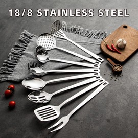 MAXCOOK 18/8 Stainless Steel Cooking Utensil set, 8 Pieces Metal Kitchen Utensils set, Slotted Spoon,Meat Fork,Ladle,Skimmer,Spatula,Spaghetti Server,Large Spoon,Masher (Dishwasher Safe, Silver)