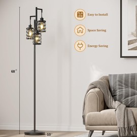 Oneach 68" Industrial Floor Lamp, Stepless Dimmable Standing Lamp with 3 Bulbs, Farmhouse Corner Standing Tree Lamp for Living Room, Tall Lamps for Bedroom, Office, Study Room, Dining Room, Black