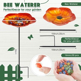 Tandefio 1 Pack Vivid Flower Bee Watering Station Metal Butterfly Water Feeder Cup with 30 Colorful Glass Marbles Bee Feeder Bee Waterer Cup for Bee Butterfly Bird Garden Outdoor Decors(Golden Brown)