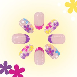 24 Pcs Flower Press on Nails Short Almond Fake Nails Cute Nails with Colourful Floral Designs Spring False Nails Artificial Nails Nude Pink Glossy Full Cover Glue on Nails for Women Girls
