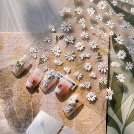 Daisy Nail Stickers 5D Embossed Sunflower Nail Designs 3D Self-Adhesive Flower Nail Decals Cute White Petals Nails Supplies Floral Summer Sticker Manicure Accessories for Women Girls DIY 1 Sheet